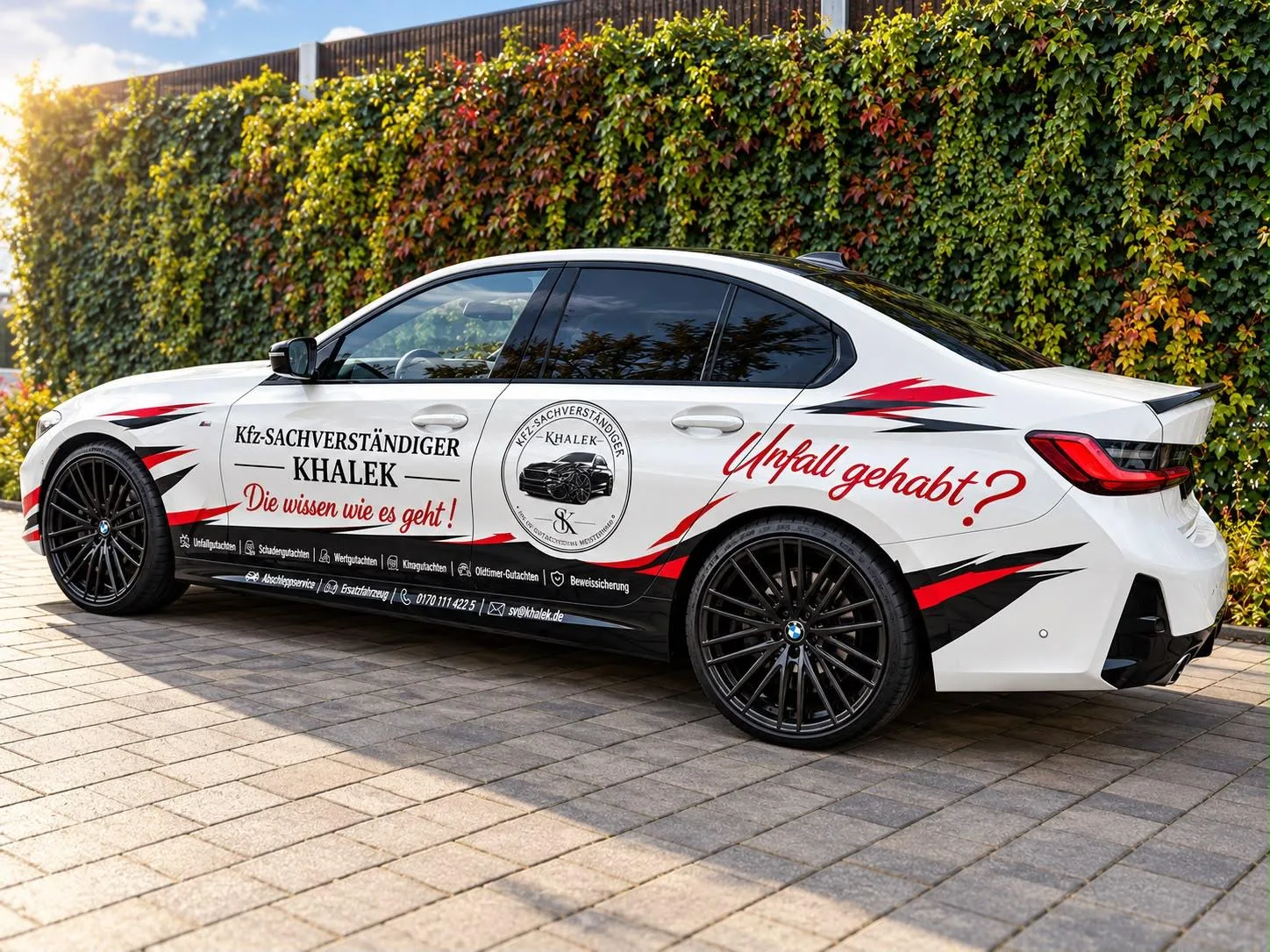 Neues Einsatzfahrzeug: weißer BMW mit Beschriftung von Kfz-Sachverständiger Khalek